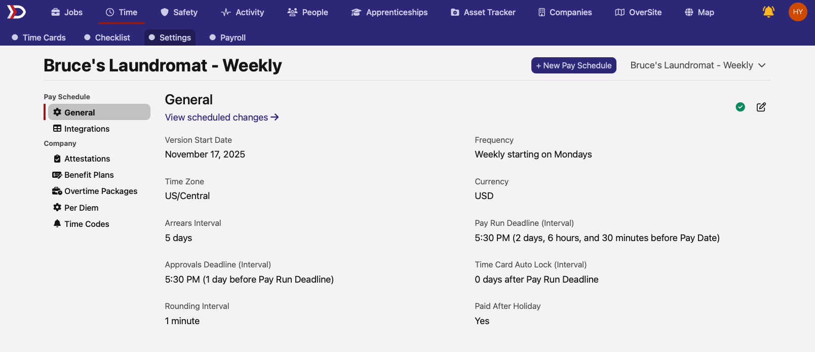 Time Settings page showing a newly saved pay schedule at the top of the list