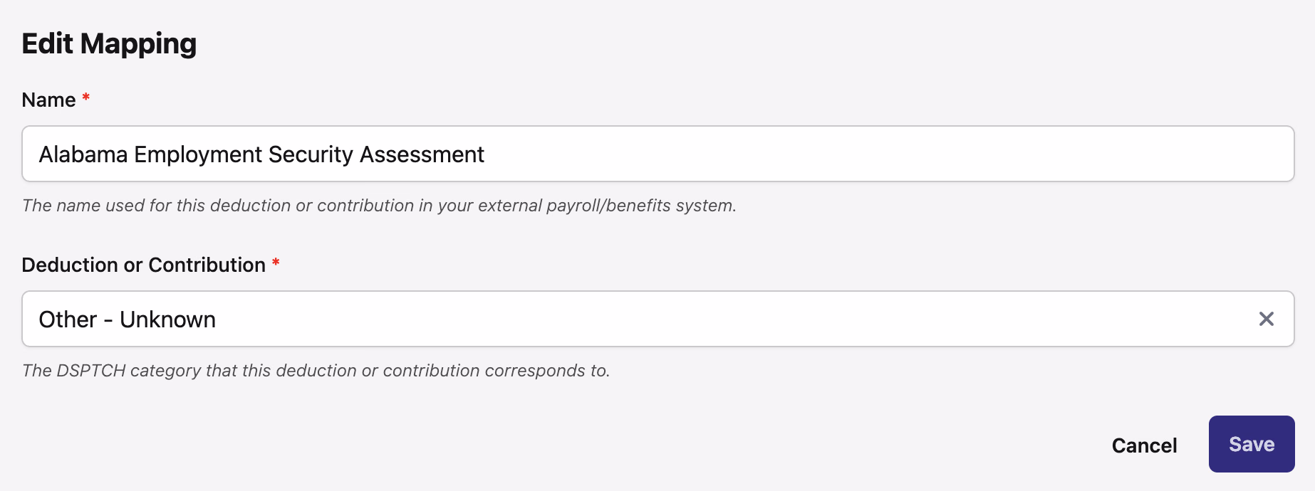 Edit Mapping form showing Name field with payroll system name and Deduction or Contribution DSPTCH category selector