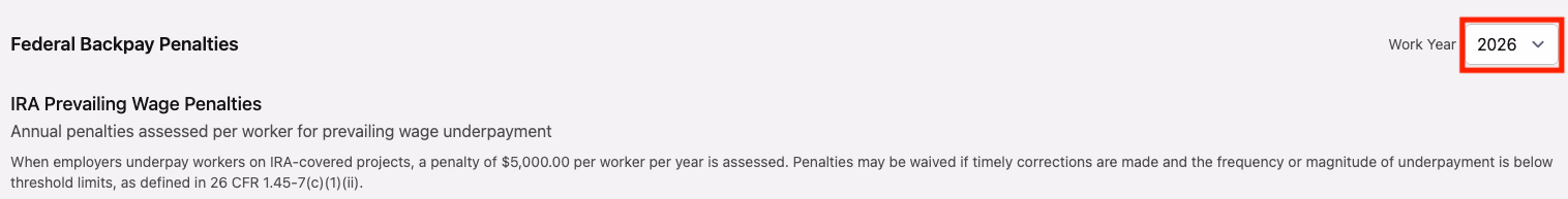 Federal Backpay Penalties dashboard with Work Year dropdown highlighted