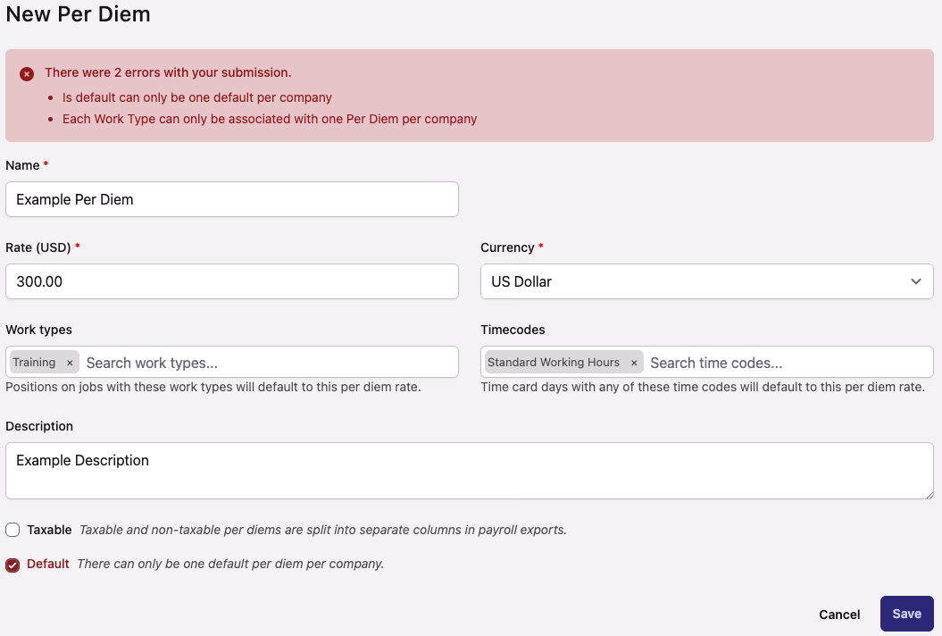 New Per Diem form showing two validation errors for duplicate default and duplicate work type