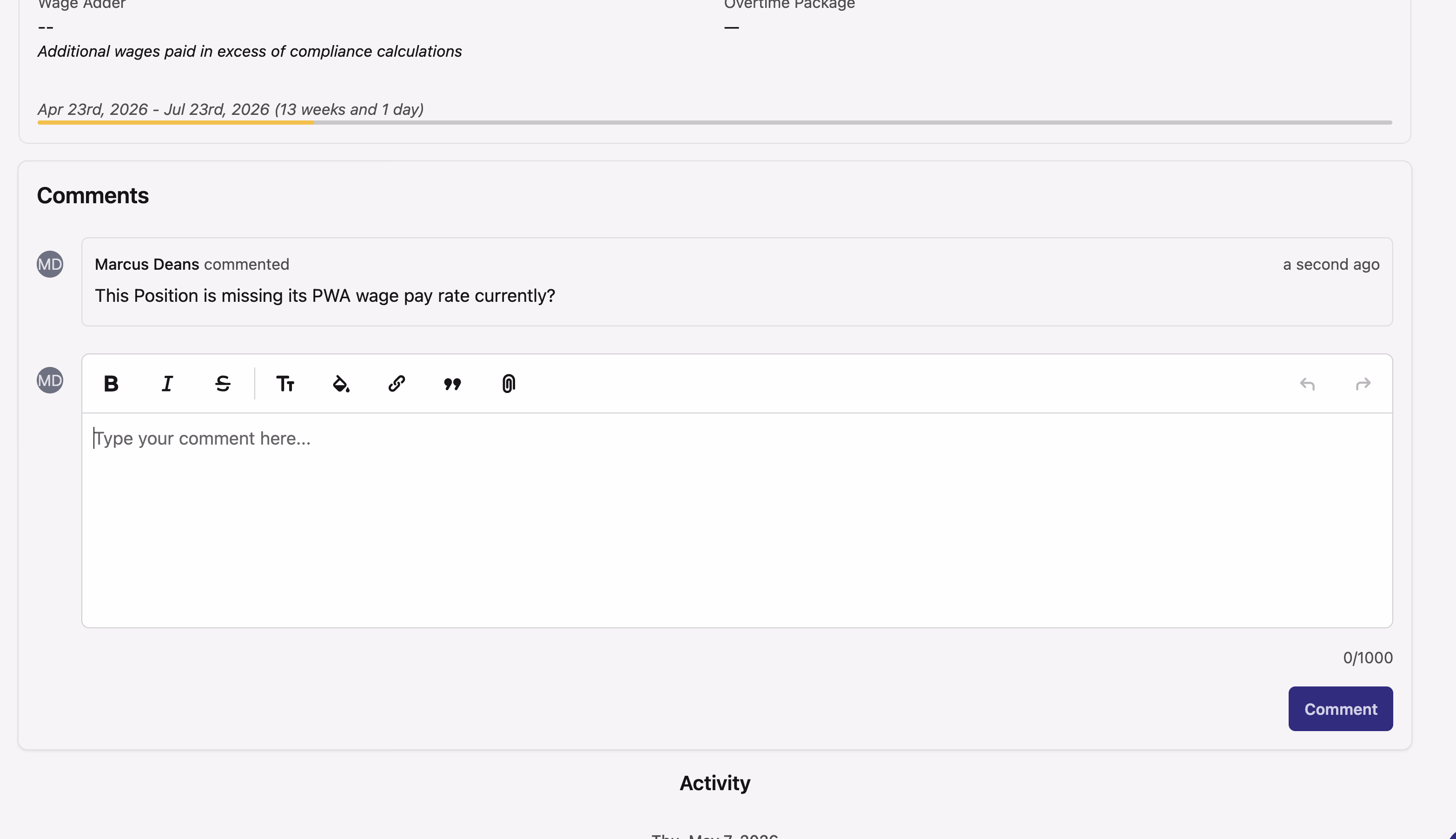 Position detail page with the new comments card above the activity timeline