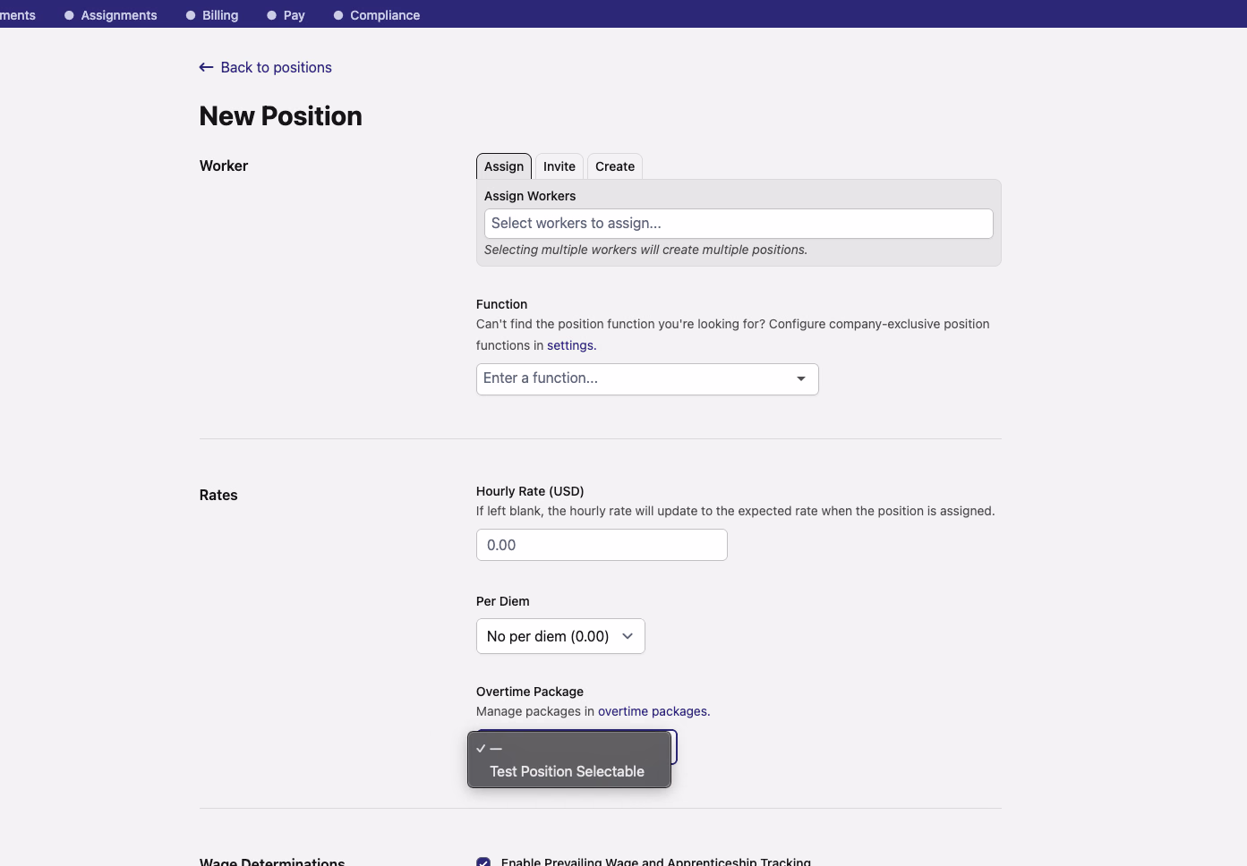 New Position form showing the new Overtime Package dropdown below the rate fields