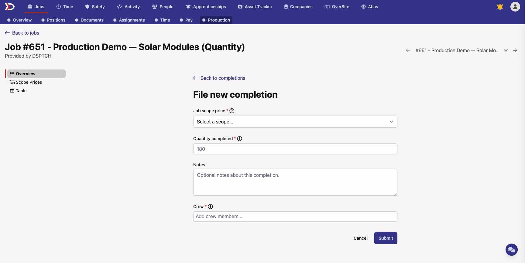 New completion form on a quantity job showing Job scope price, Quantity completed, Notes, and Crew fields