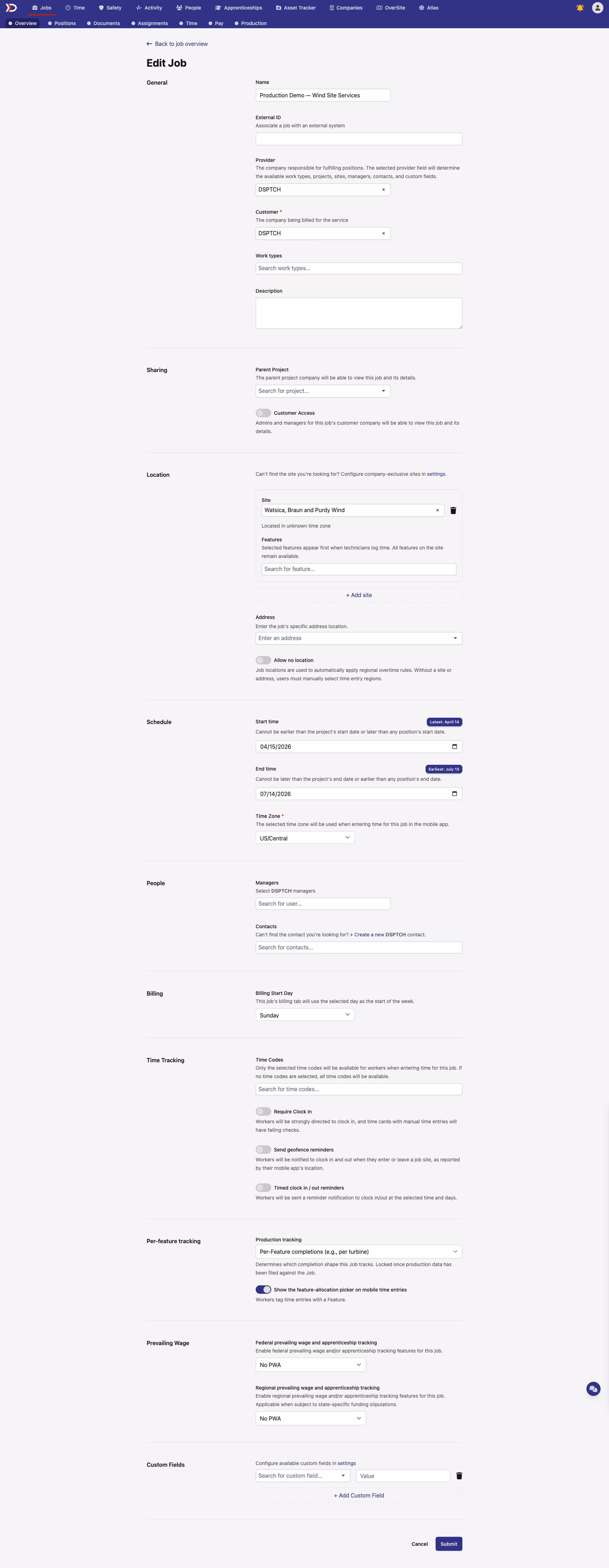 Job form with a Production tracking dropdown offering Feature and Quantity options