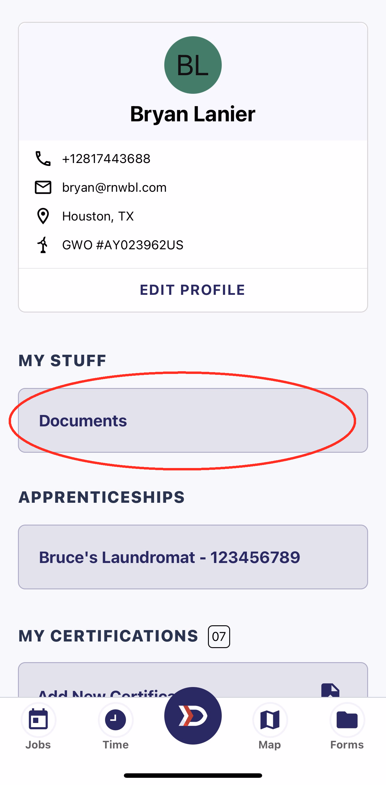 Profile page with the Documents button under My Stuff highlighted in red