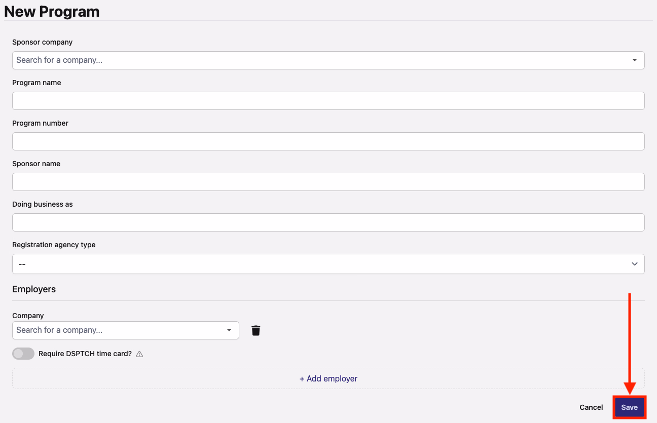 New Program form with Save button highlighted in the bottom right corner