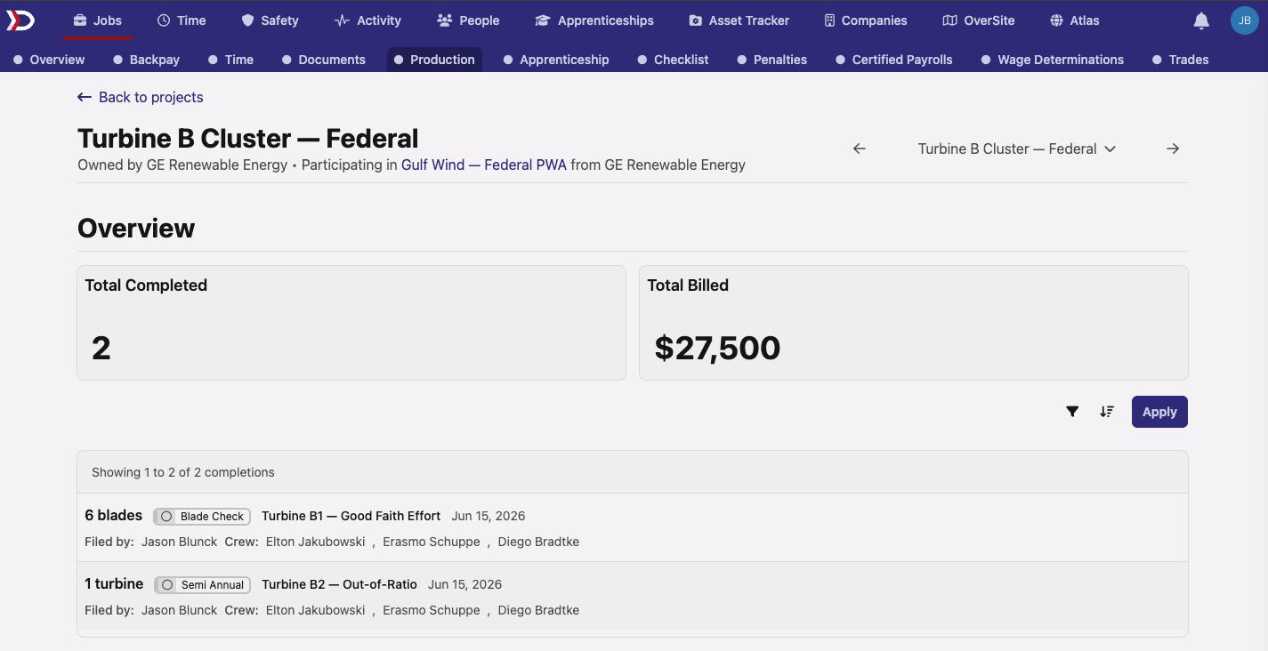 A project Production tab showing completed quantities, billed totals, and completion activity from two jobs