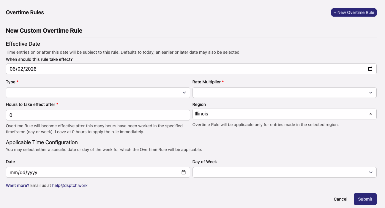 The New Custom Overtime Rule form on a project wage determination, with fields for Effective Date, Type, Rate Multiplier, Hours to take effect after, and a Region field set to Illinois, plus an Applicable Time Configuration section for choosing a date or day of week