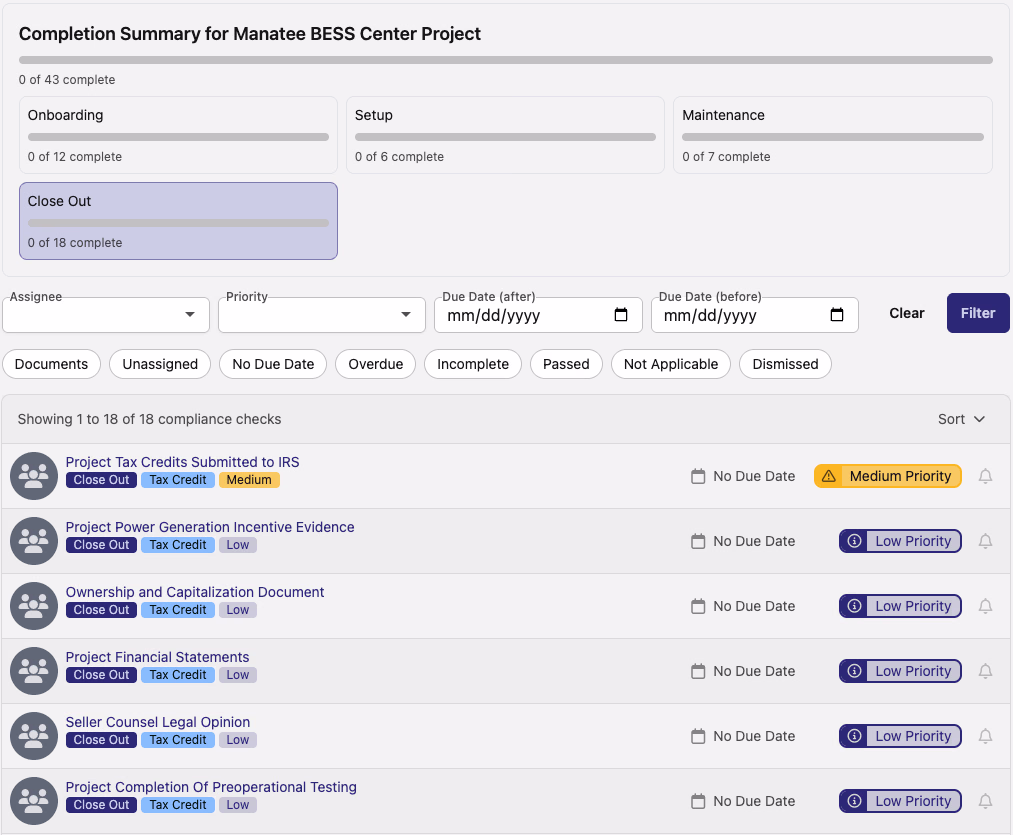 Close Out compliance category list showing checks with Medium and Low Priority badges