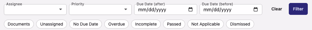 Compliance checklist filter row showing Assignee, Priority, Due Date, and status toggle options
