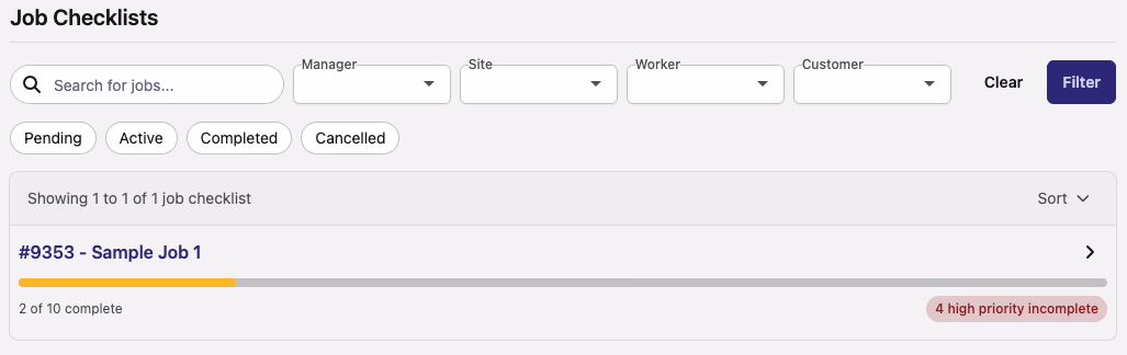 Job Checklists page showing a job with compliance progress bar and incomplete check count