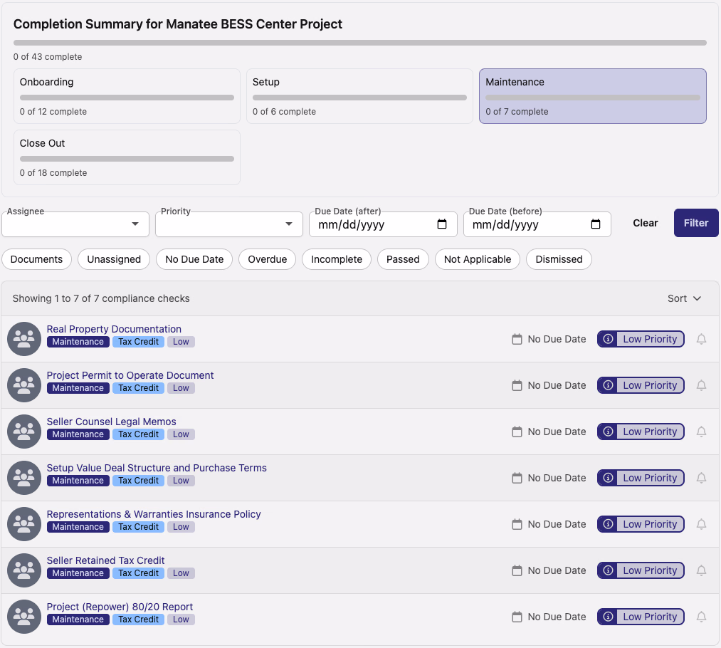 Maintenance compliance category list showing checks with Low Priority badges