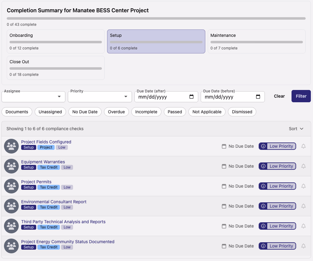 Setup compliance category list showing checks with Low Priority badges