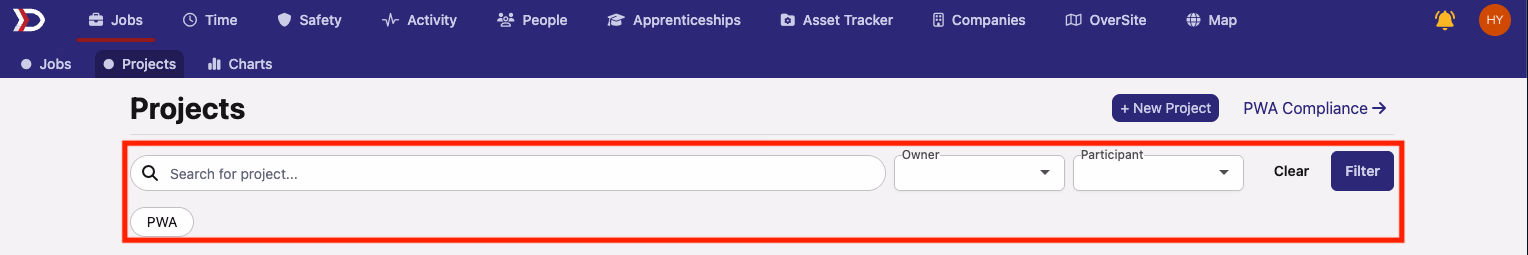 Projects list with search, owner, participant, and PWA filters highlighted