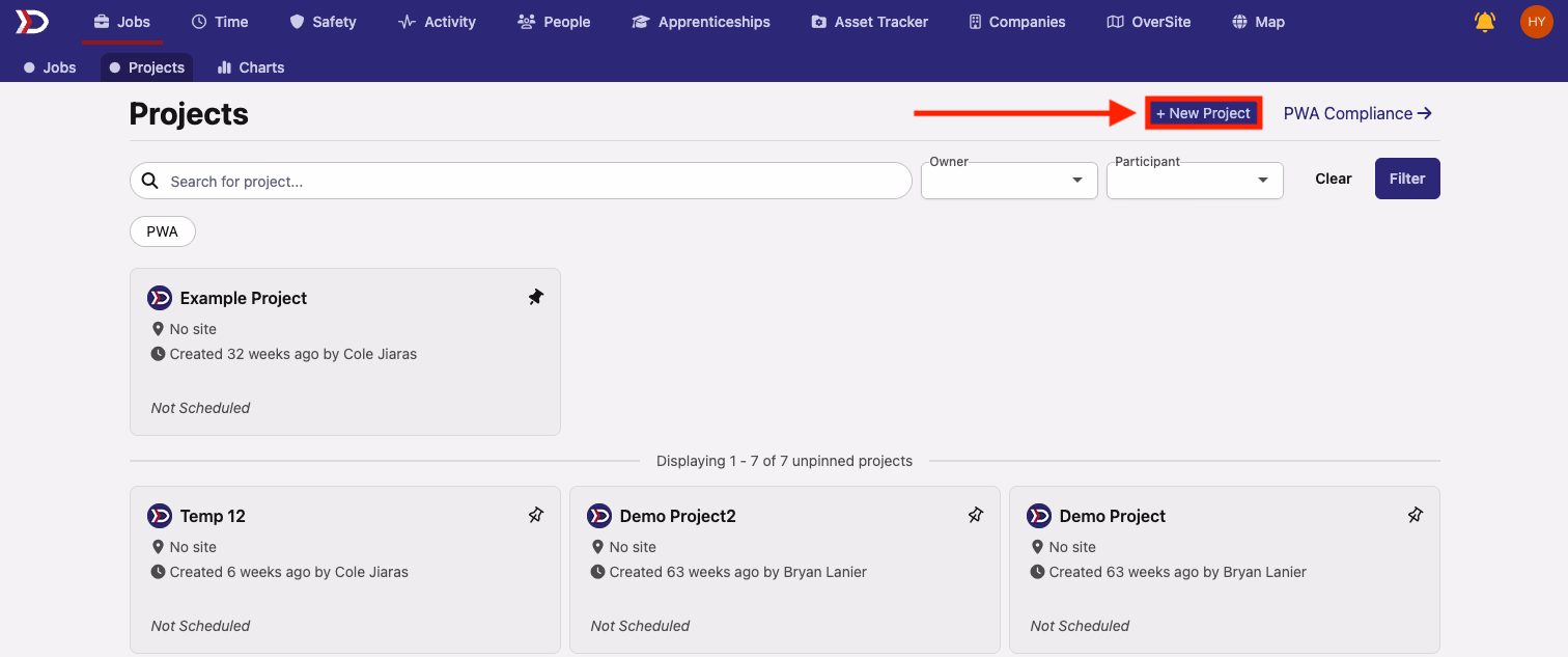 Projects list with New Project button highlighted in the top right