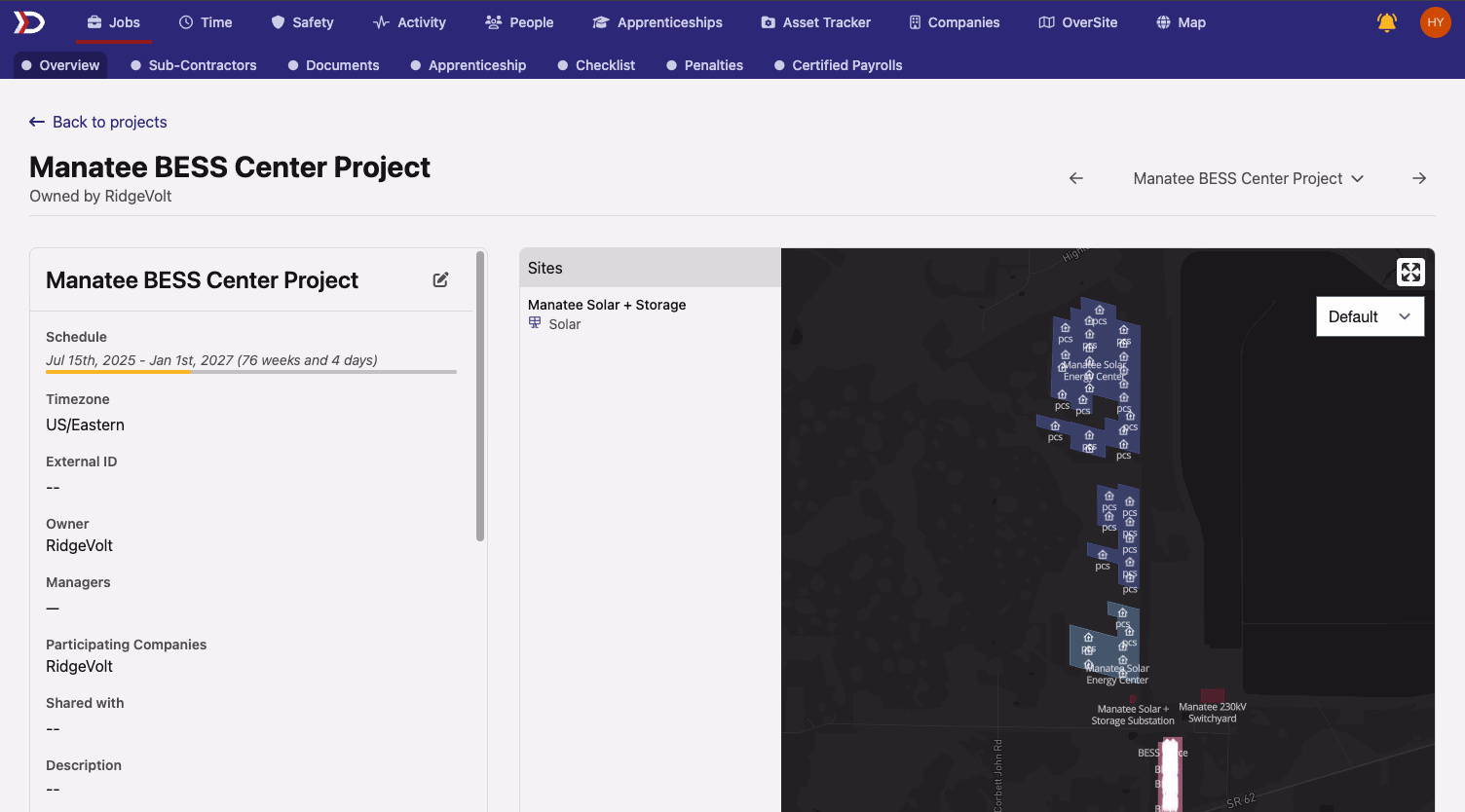 Project Overview tab showing schedule, timezone, owner, and site details with a map