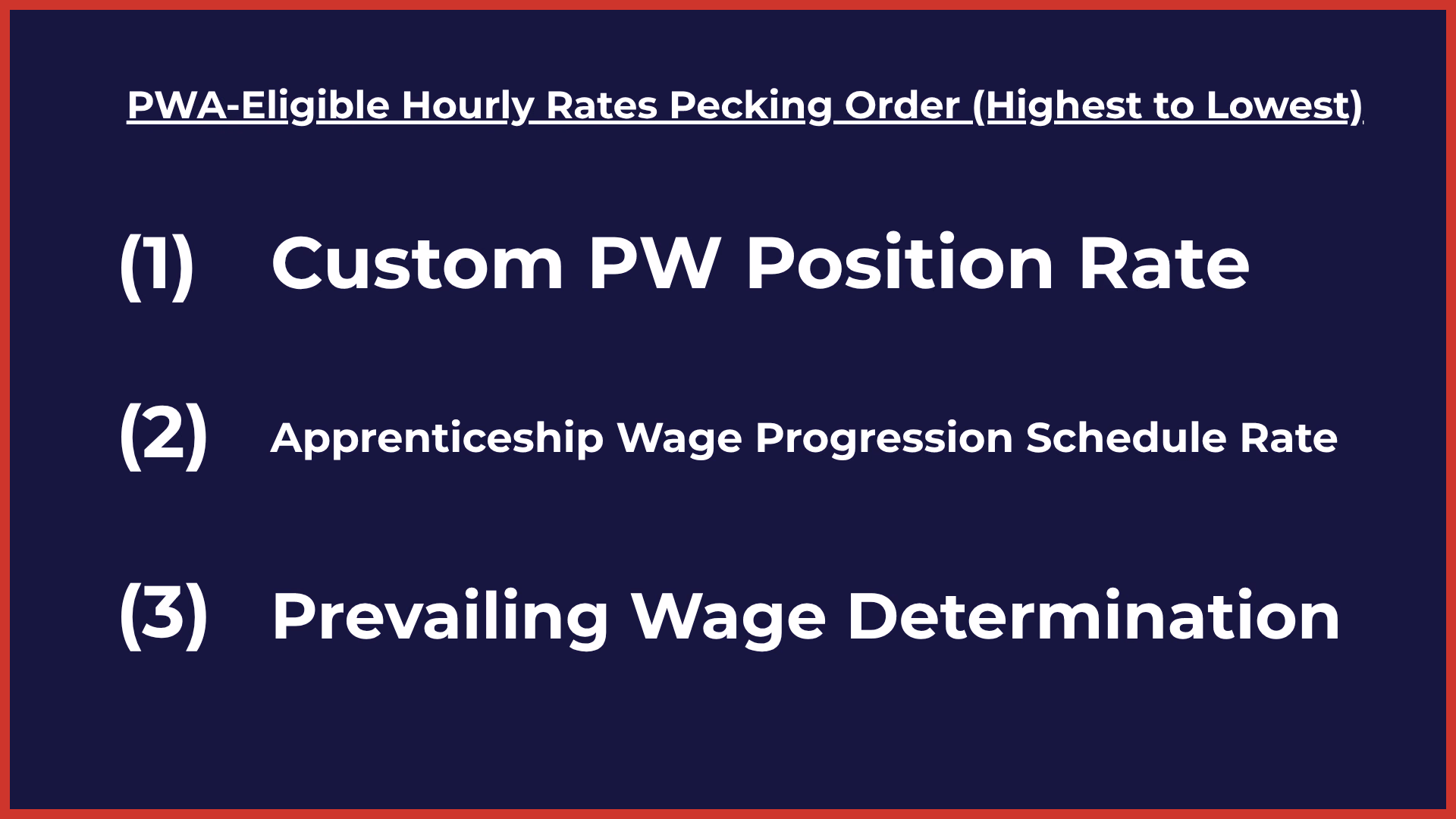 PWA-Eligible Hourly Rates pecking order diagram ranked from custom position rate to prevailing wage determination