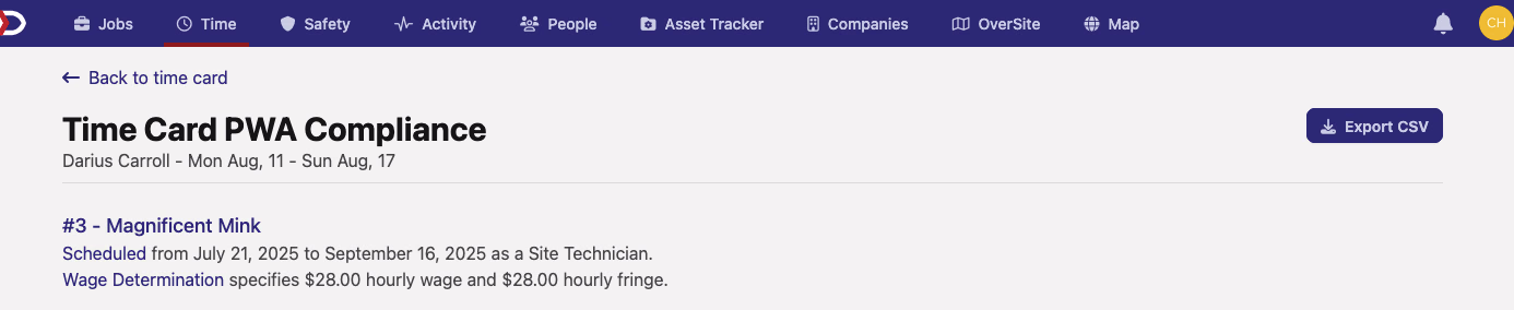 Time Card PWA Compliance page header showing the worker's name, pay period date range, a job entry below, and an Export CSV button in the top-right corner