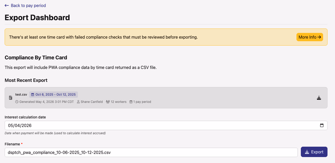 Export Dashboard for the Compliance By Time Card export with the new Interest calculation date input above the filename field