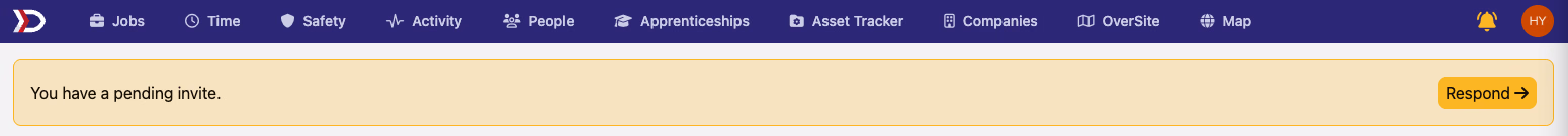 Yellow pending company invite banner with Respond button at top of screen