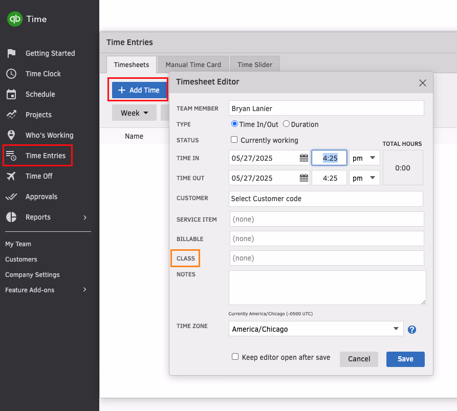 Tsheets Timesheet Editor showing the Class field highlighted in an orange box for timecode mapping