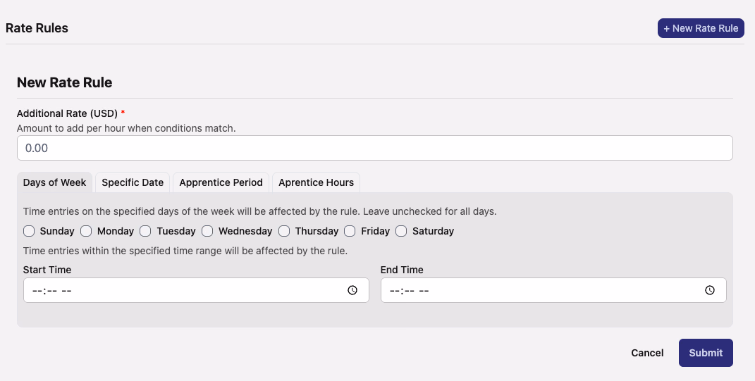 Rate Rules Tabbed Interface