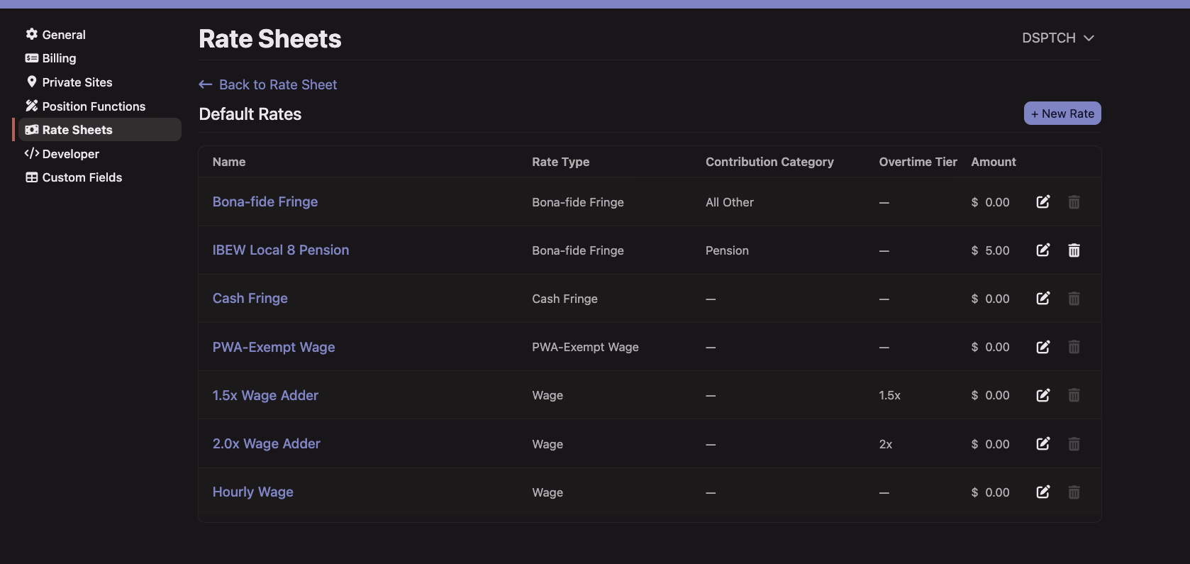 The Rate Sheets page in Settings listing a company's default rates