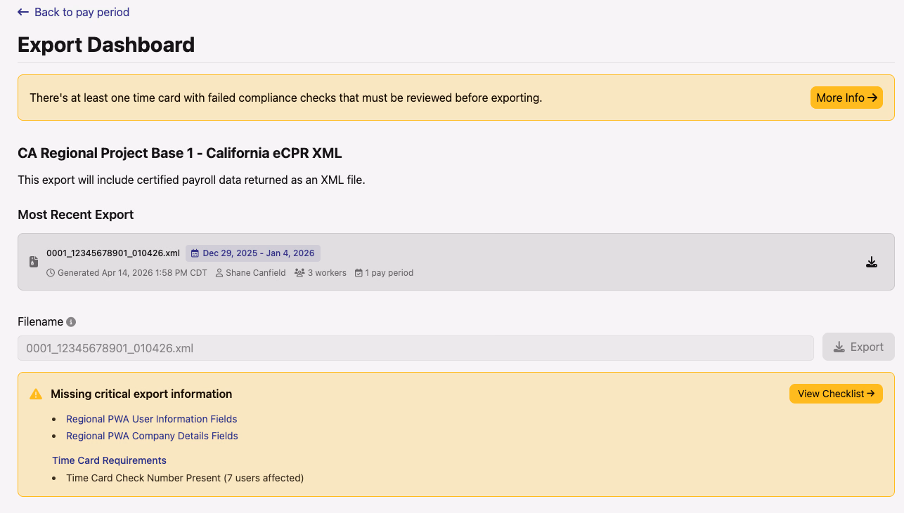 Regional CPR warnings on the pay-period certified payroll page