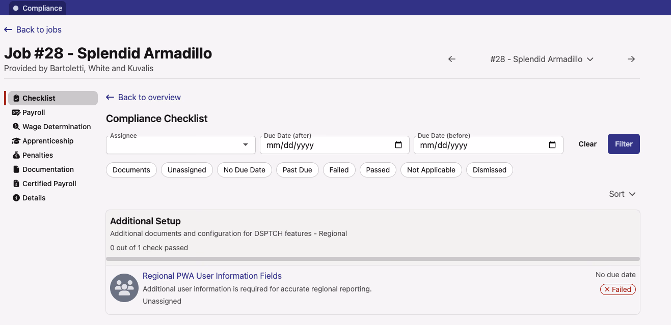 Job compliance checklist showing the Additional Setup section with a Regional category containing the Regional PWA User Information Fields check at Failed status