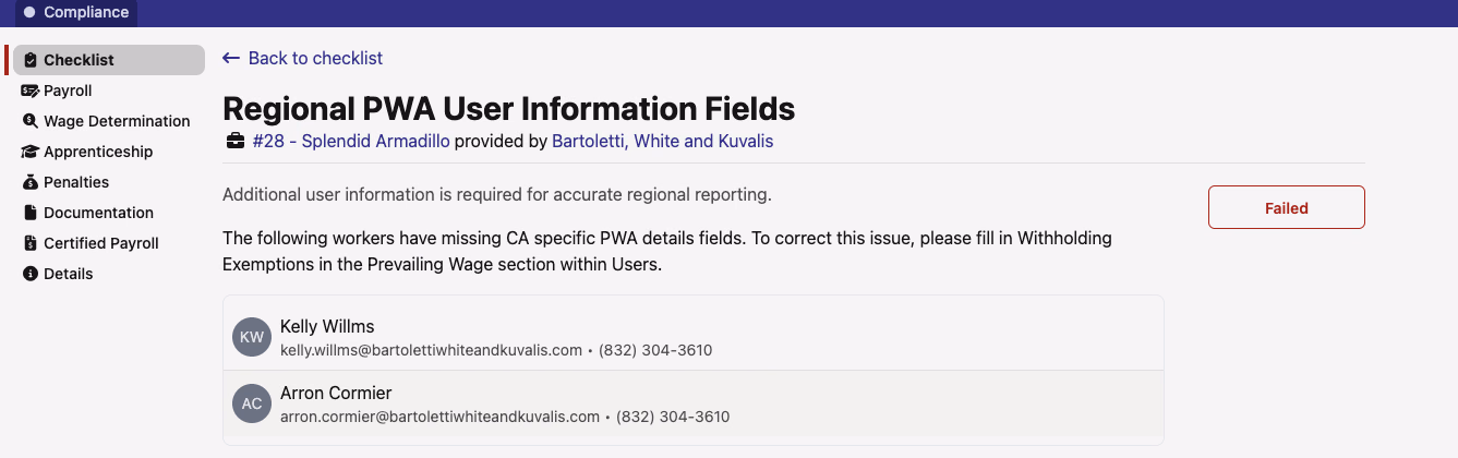 Regional PWA User Information Fields requirement detail, listing workers missing CA-specific PWA fields and directing you to the Prevailing Wage section in Users