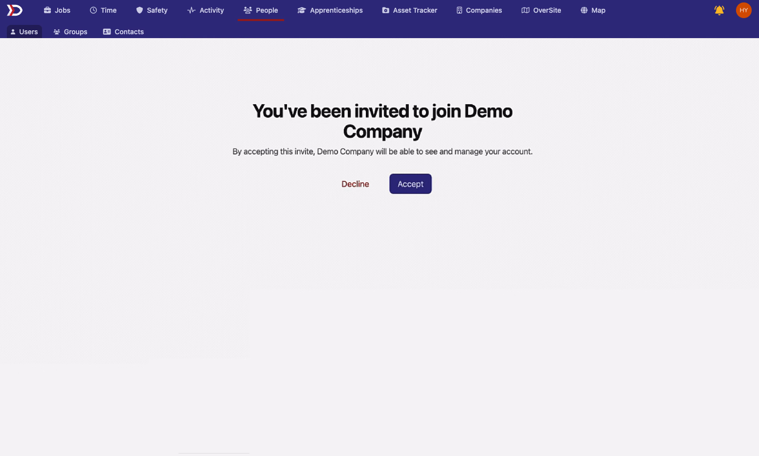 Respond to Invite page with the company name and Decline / Accept buttons