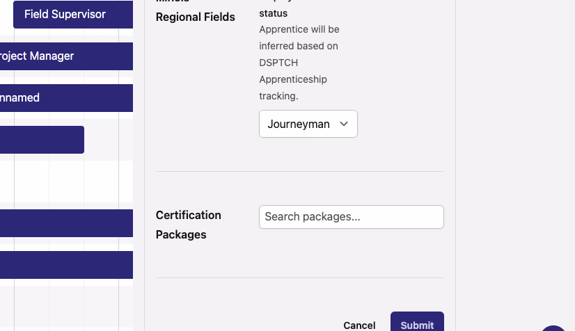 The job scheduler timeline on the left with a position's edit panel open on the right, showing regional apprentice-status fields, a certification-packages search, and a Submit button