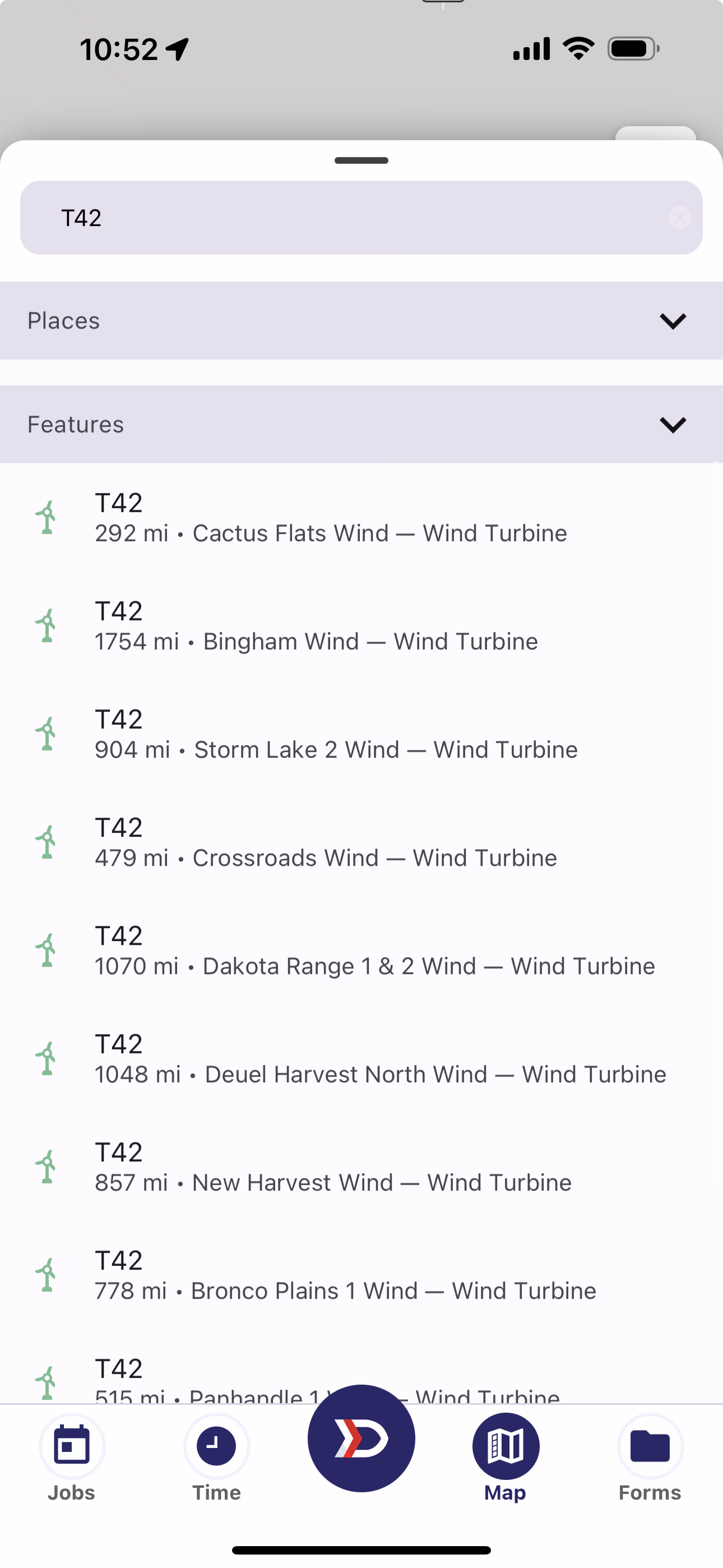 Map Search Tray with Features results for the search term T42 showing matching wind turbines across multiple sites