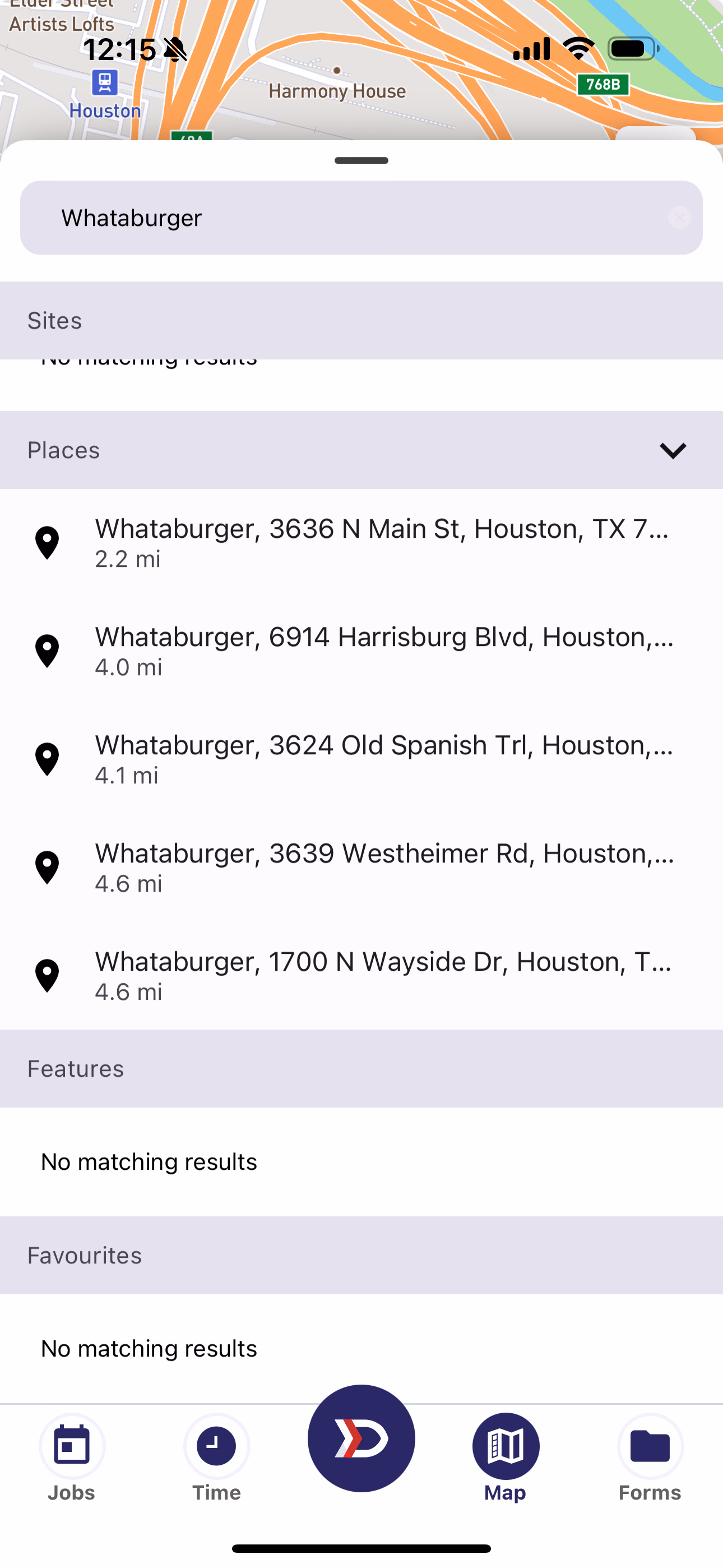 Map Search Tray with Places results showing Whataburger restaurant locations from a consumer map source