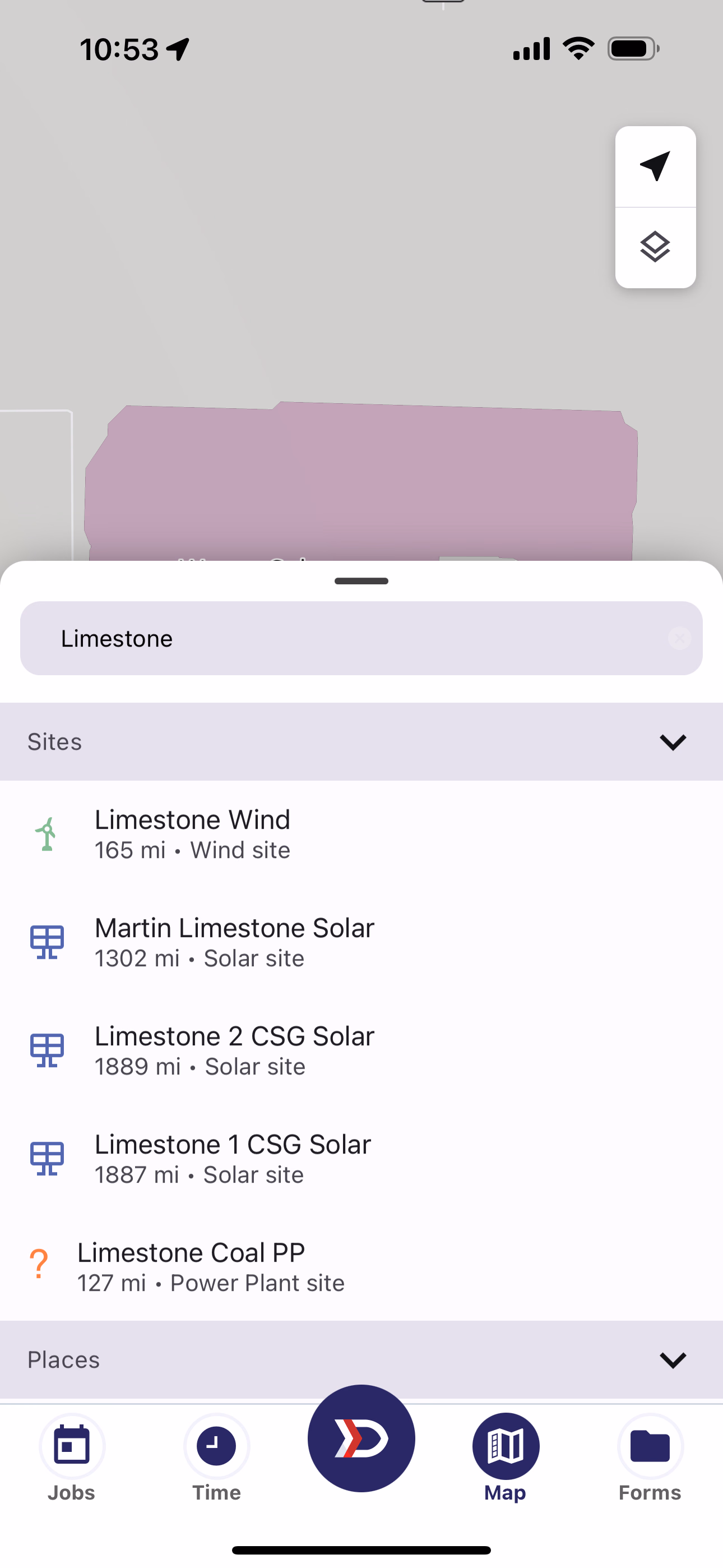 Map Search Tray with Sites results for the search term Limestone showing wind, solar, and power plant sites