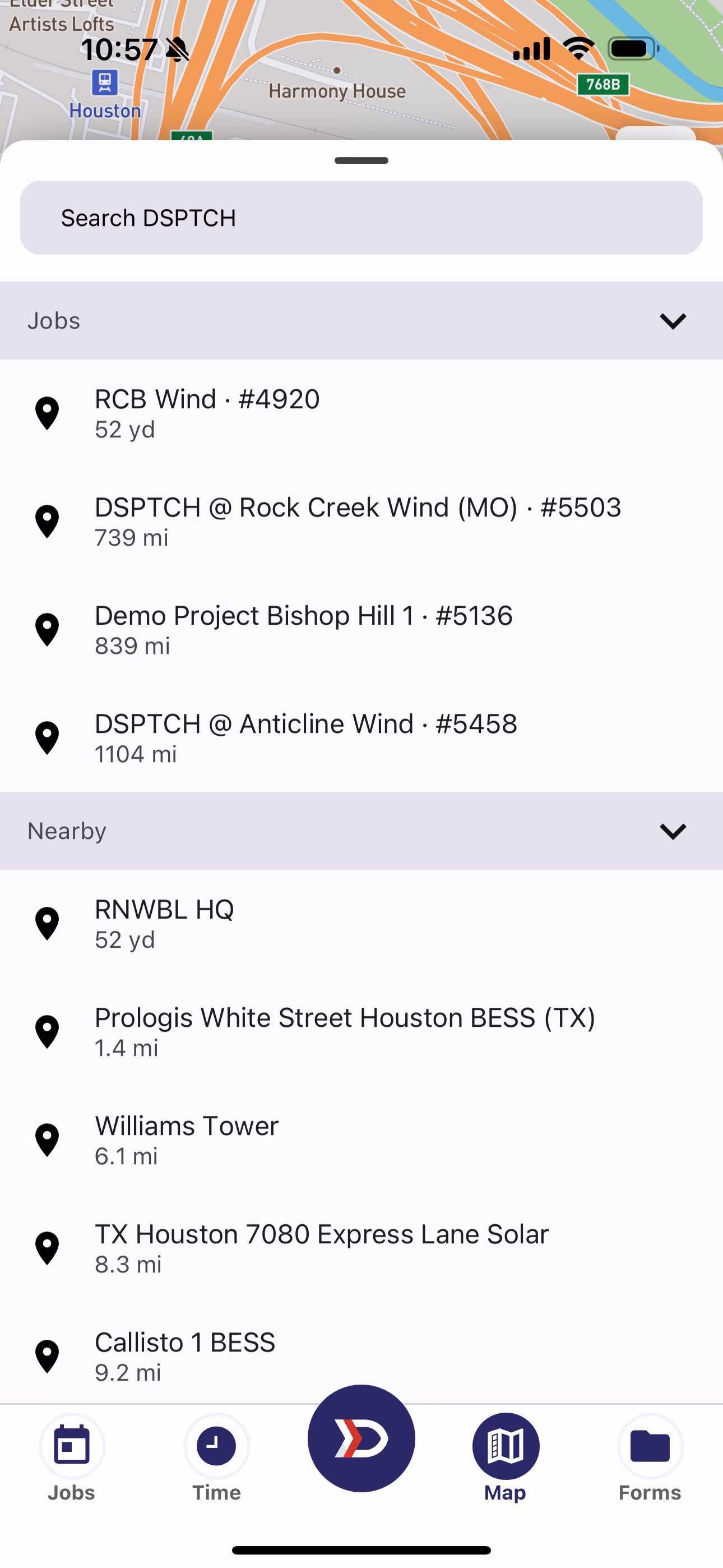 Map Search Tray fully expanded showing Jobs and Nearby sections with multiple sites listed