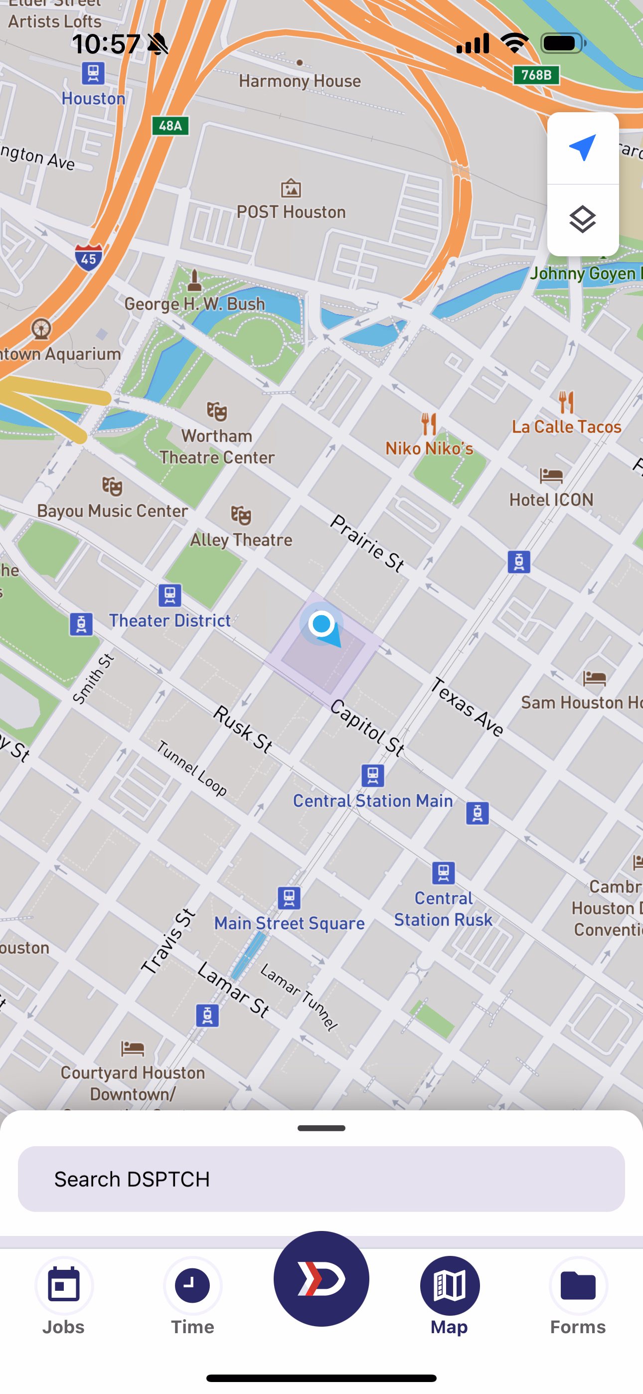 Map Search Tray minimized showing only the Search DSPTCH bar at the bottom of the screen