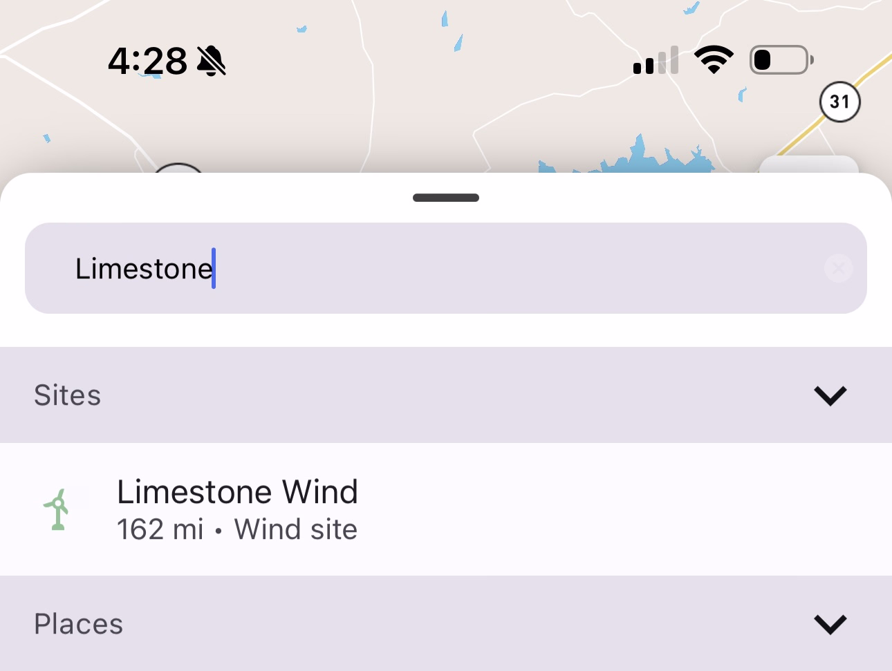 Limestone search results filtered to Wind sites only showing only the Limestone Wind site