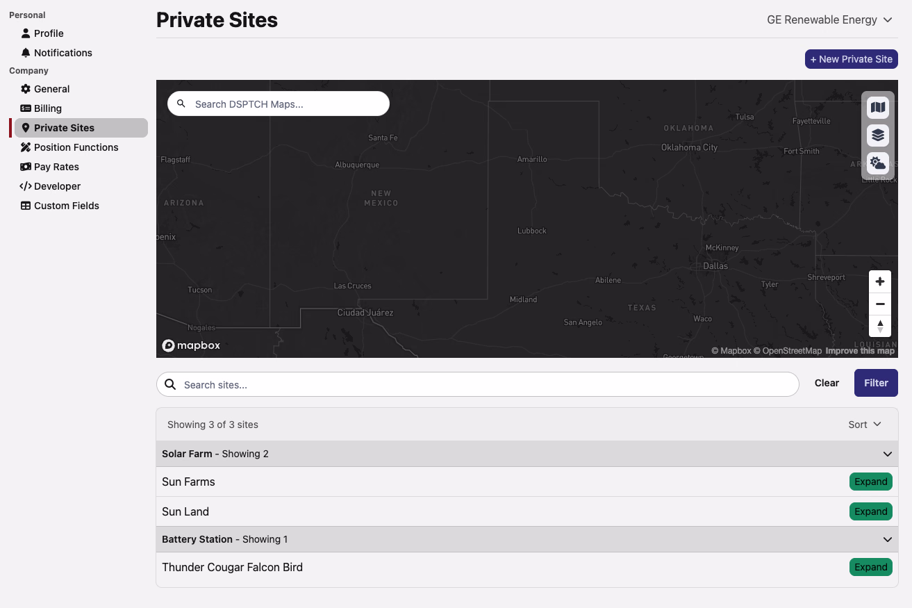 The Private Sites settings page showing a map, site search, Filter button, Sort dropdown, grouped Solar Farm and Battery Station sections, and a New Private Site button
