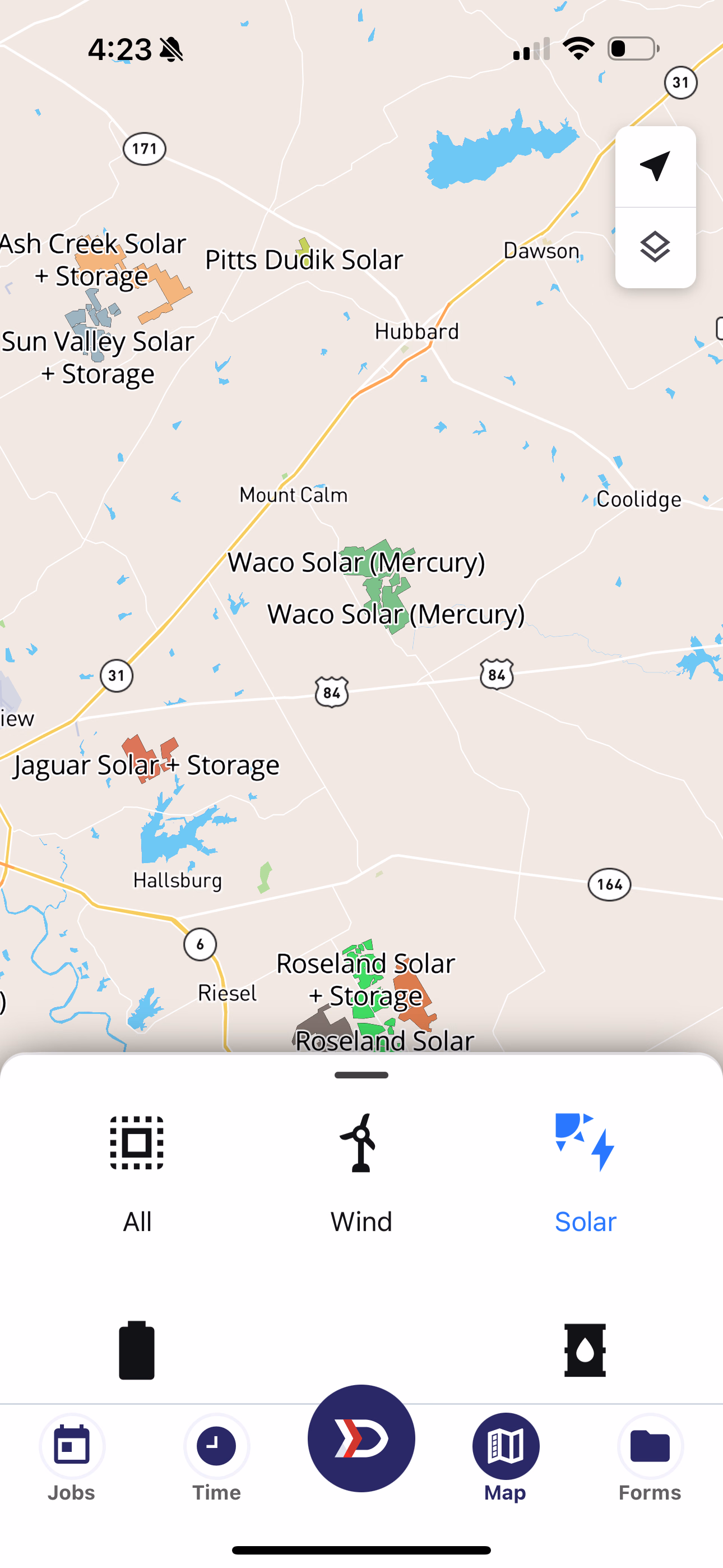 Map filtered to Solar sites only showing solar projects without wind sites