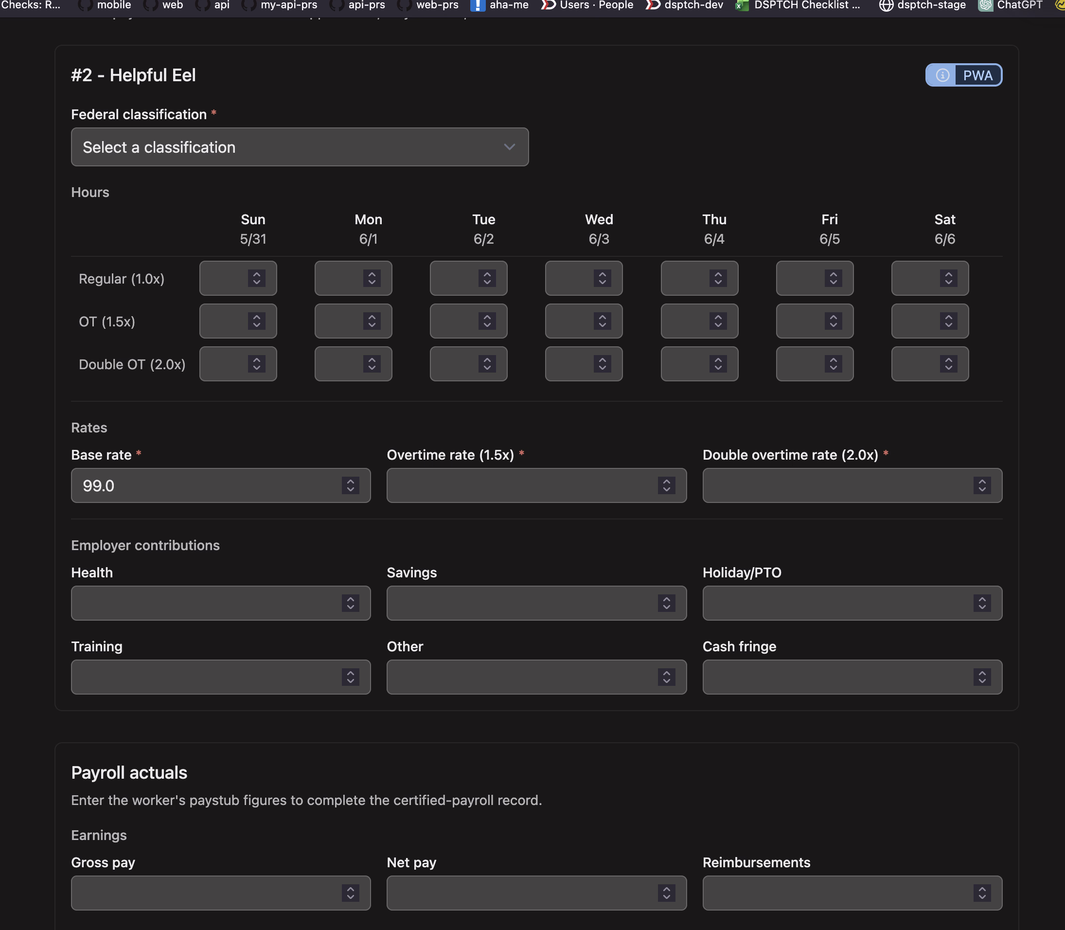 The structured payroll-capture form showing hours by overtime tier, pay rates, employer contributions, and paystub actuals for a single worker