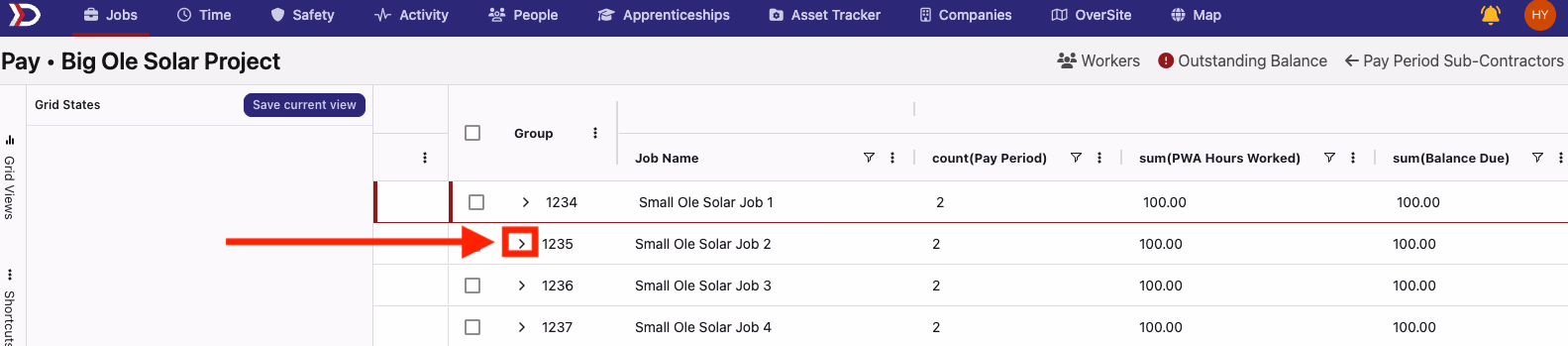 Tabular view with expand chevron highlighted next to a job number