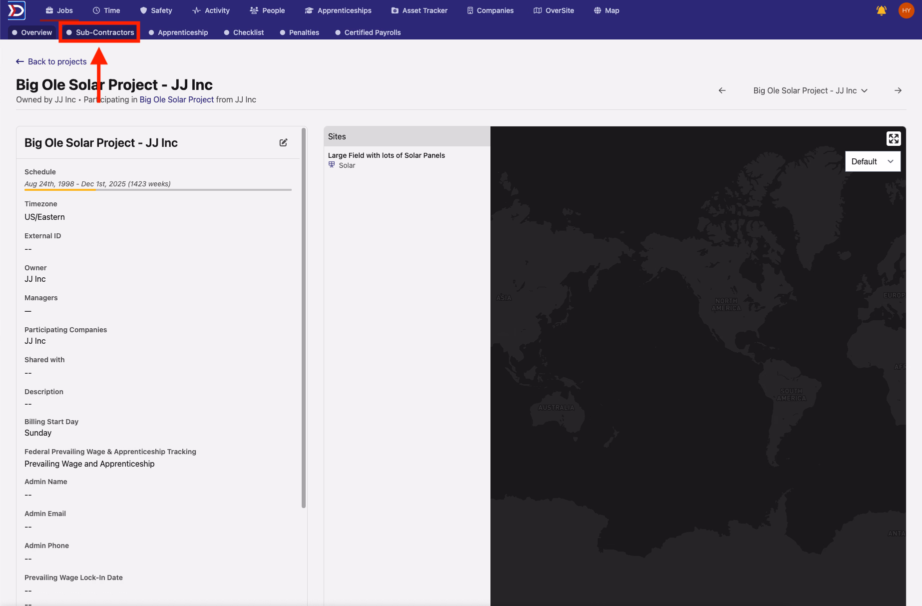 Project card with Sub-Contractors tab highlighted in the navigation bar