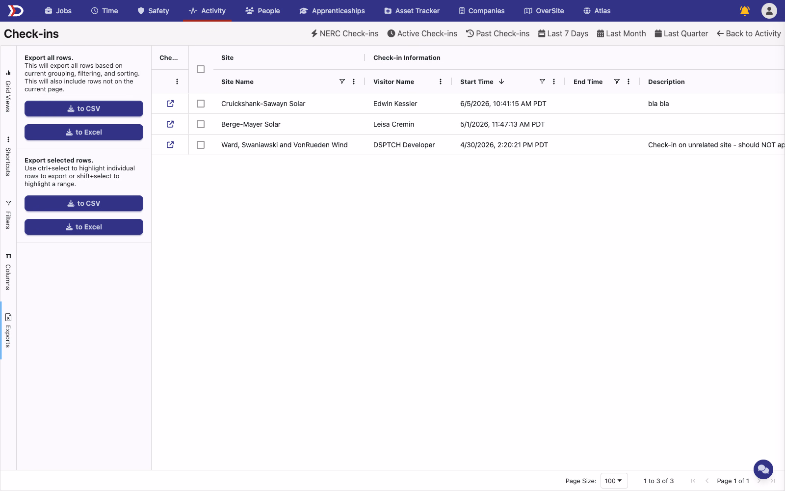 Tabulate exports panel with CSV and Excel options for all rows and selected rows