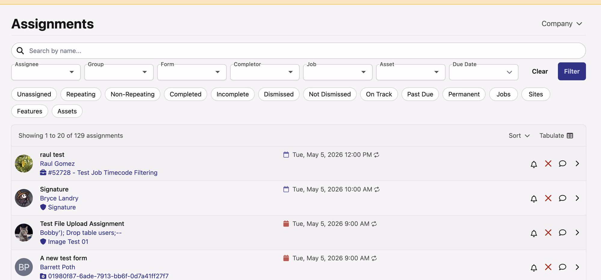 Assignments page filter row with Asset and Due Date dropdowns alongside the new quick-filter chips for recurrence, dismissal, and record type