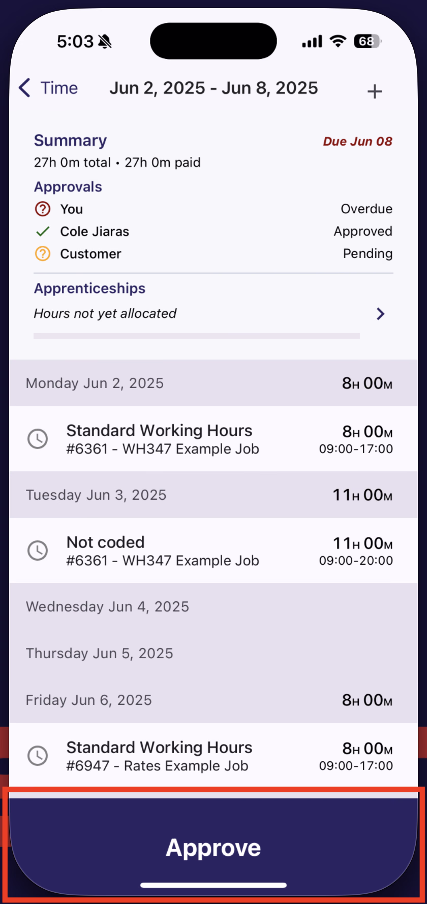 Time card detail with Approve button highlighted and time entries listed by day
