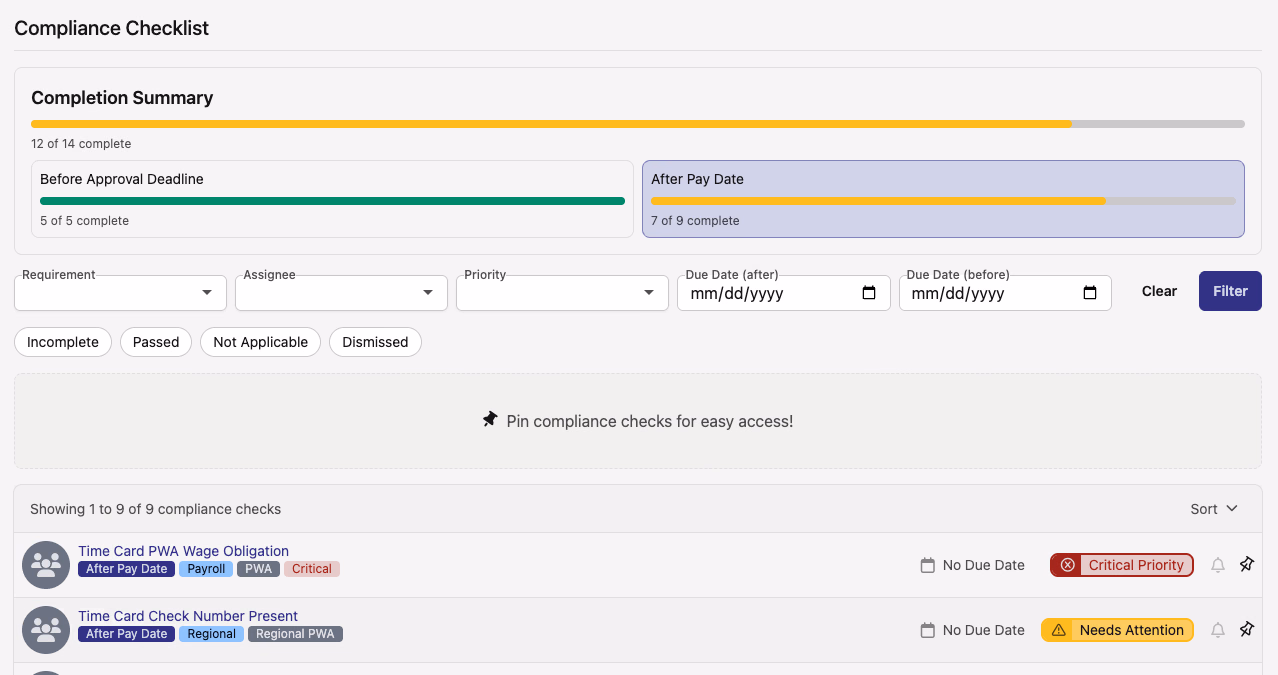 Compliance Checklist with the After Pay Date phase tile selected, filtering the check list below to After Pay Date checks only