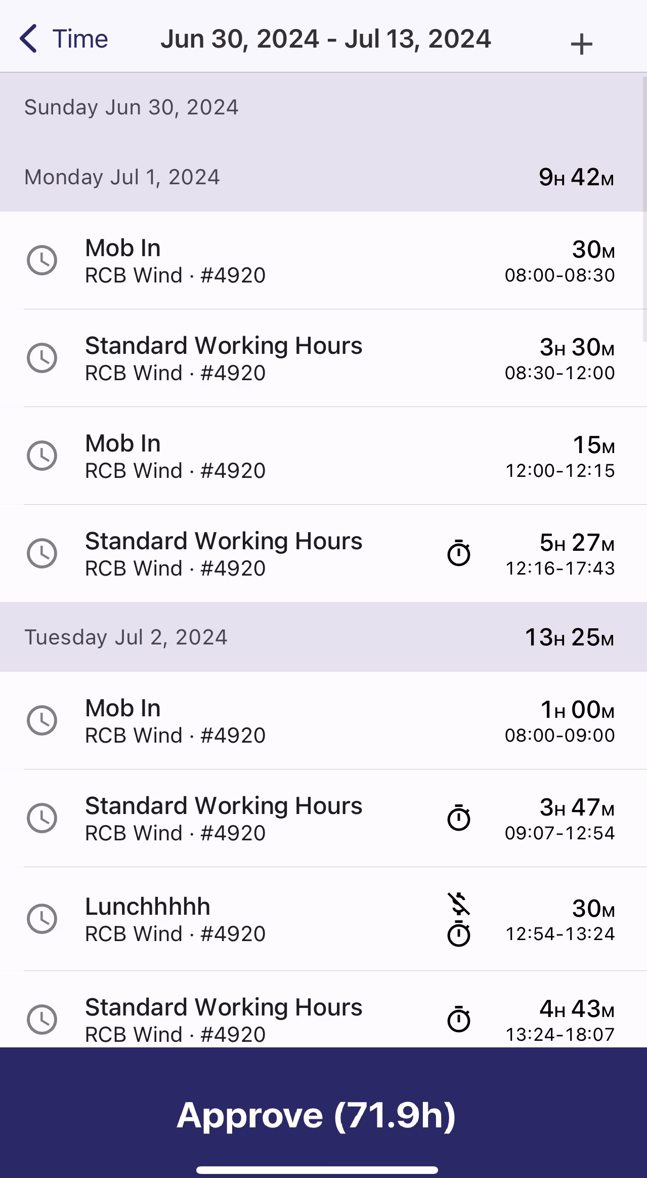 Single pay period time card listing individual time entries by day with Approve bar