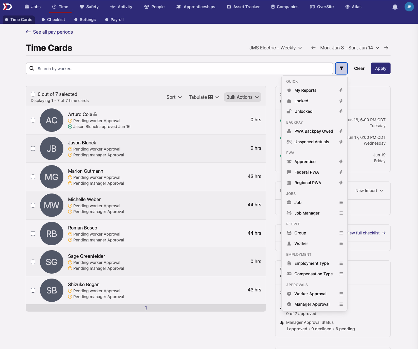 The Time Cards list with the filter panel open, showing chip-style filters grouped into Quick, Backpay, PWA, Jobs, People, Employment, and Approvals sections