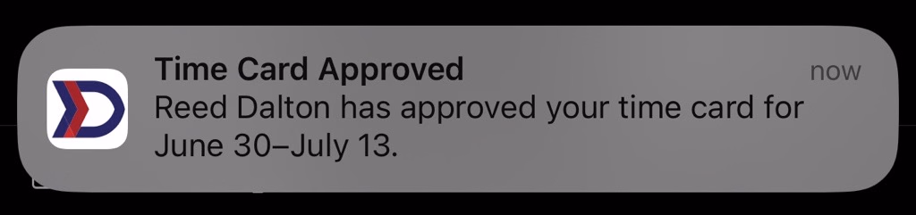 iOS push notification showing manager has approved a time card for a pay period
